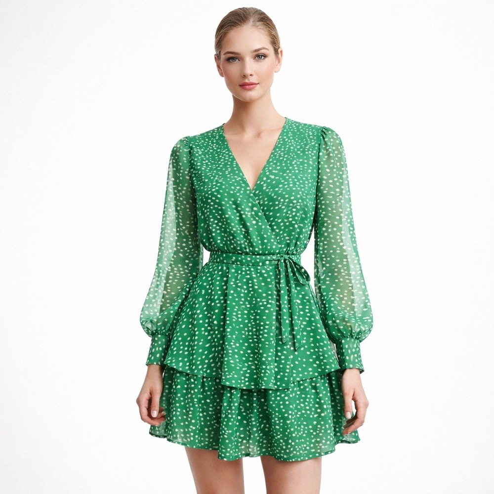 Japna Green Polka Dot Tiered‎ Mini Dress | Size M | Boho Romantic Chic
